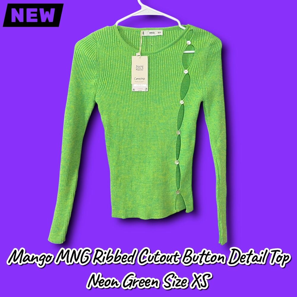 NEW NWT Mango MNG Ribbed Cutout Button Detail Top Neon Green Size XS